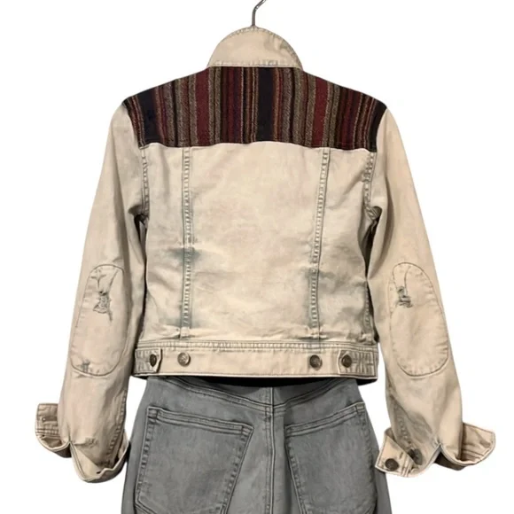 Free People Color-block Patchwork Boho Distressed Cropped Denim Jean Jacket Sz 2 - Picture 2 of 11